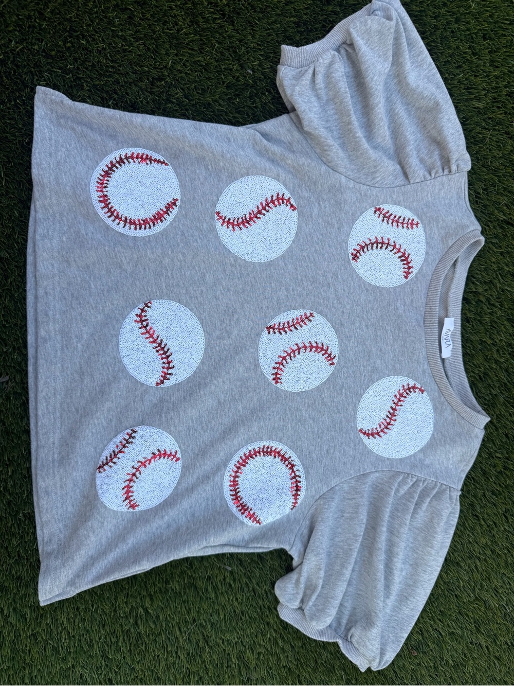Gray Sequin Baseball Oversized Sweatshirt with Puffed Short Sleeves